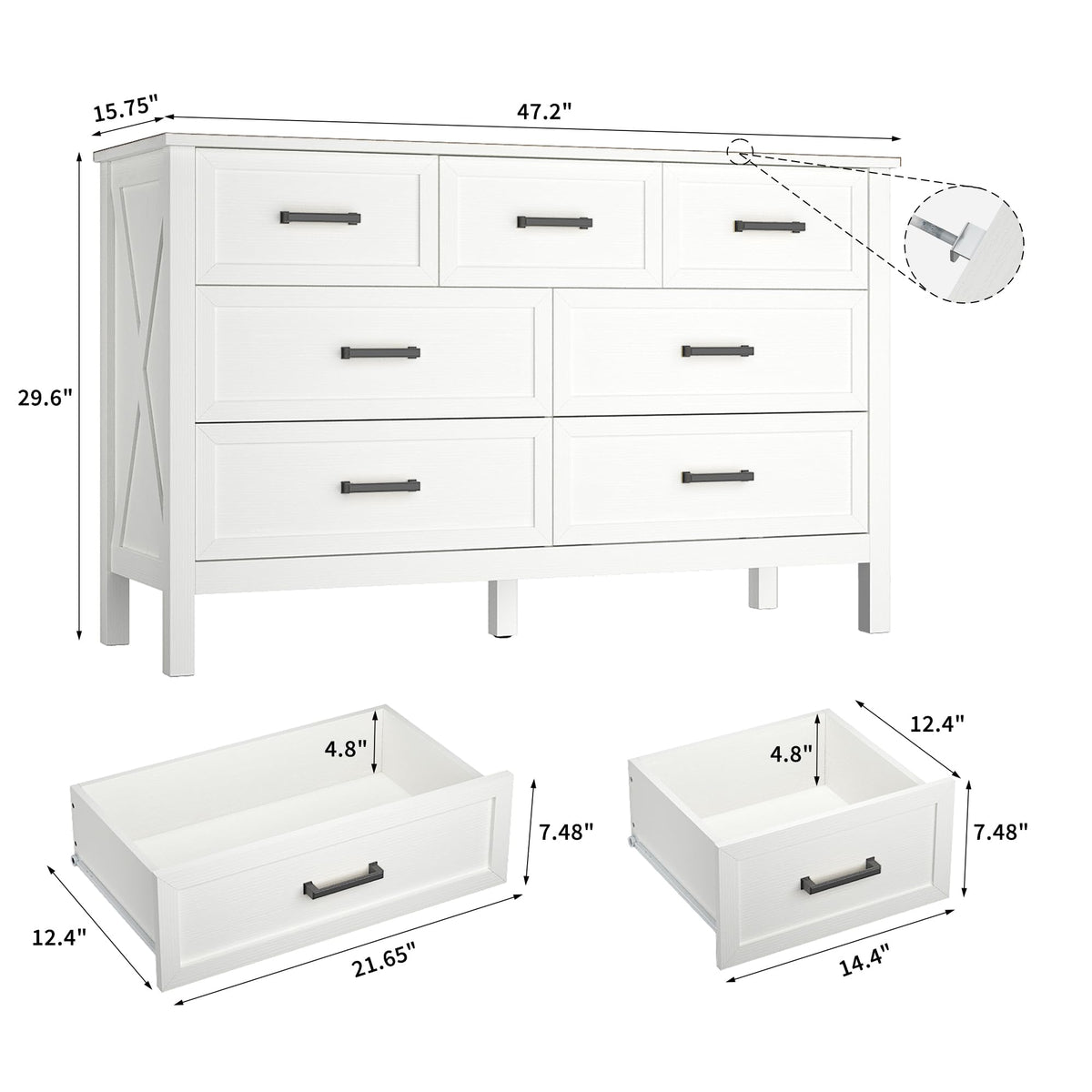 BAZELOR Farmhouse Dresser for Bedroom, 7 Drawers Dresser with Natural Texture, Wood Rustic Wide Chest for Bedroom, Hallway, Entryway, White