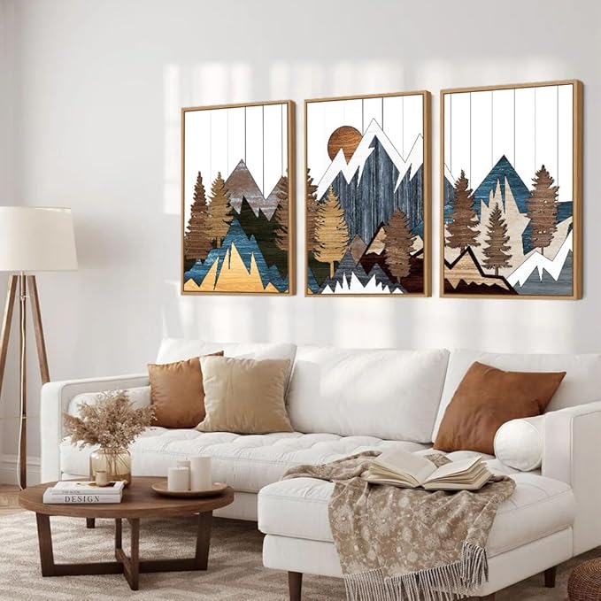 CHDITB Framed Canvas Mountain Wall Art Set, Country Woodcut Style Wall Decor, Forest Nature Wilderness Wall Painting, Modern Art Prints for Living Room, Bedroom, Farmhouse - Large Size 16"x24"x3