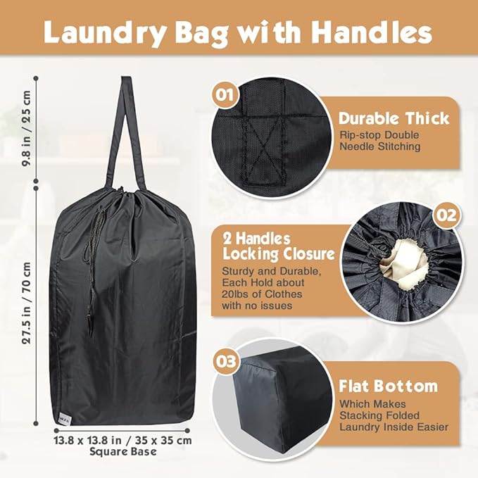 Washable Travel Laundry Bag with Handles and Drawstring (2 Pack), Heavy Duty Large Enough to Hold 3 Loads of Laundry, Fit a Laundry Basket or Clothes Hamper, 27.5x34.5 in,Black