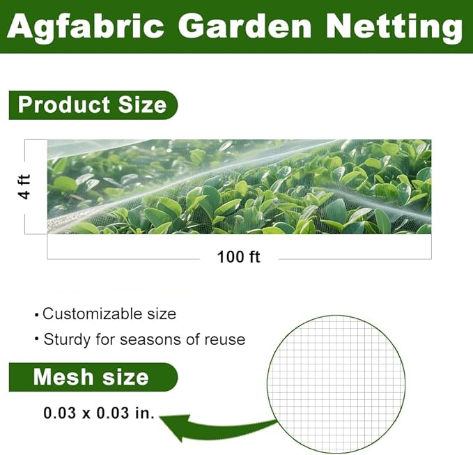 Agfabric Garden Netting 4'x100' Insect Pest Barrier Bird Netting for Garden Protection,Row Cover Mesh Netting for Vegetables Fruit Trees and Plants,White