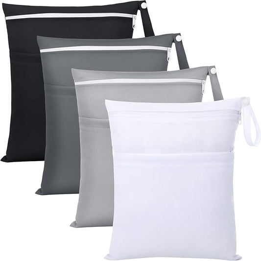 SATINIOR 4 Pack Wet Dry Bags for Baby Cloth Diapers Washable Travel Swimsuit Wet Bags Reusable with Two Zippered Pockets for Yoga Gym Swimsuits Travel Beach Pool Soiled Items(Basic Color)
