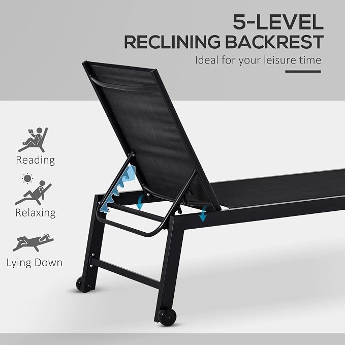 Outsunny Outdoor Chaise Lounge with Wheels, Five Position Recliner for Sunbathing, Suntanning, Steel Frame, Breathable Fabric for Beach, Yard, Patio, Black
