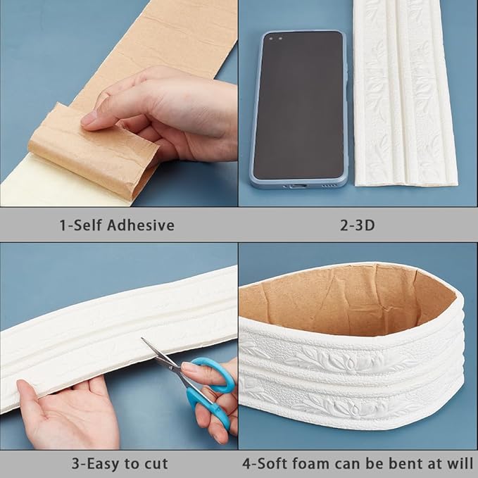 CRASPIRE 90.5 x 3 Wider White Foam Flexible Molding Trim Peel and Stick Self