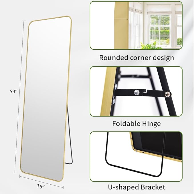 BEAUTYPEAK 59"x16" Mirror Full Length, Standing or Leaning Rounded Corner Full Body Floor Mirror with Metal Framed,Suitable for Living Room or Bathroom,Gold