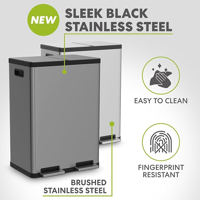 SIMPLI-MAGIC 16 Gallon (60L) Elegant Black Step Trash Can – Dual Compartment Kitchen Garbage Can with Waste & Recycling Bins – Slow-Close Lid, Odor Control, Hands-Free, Premium Stainless Steel