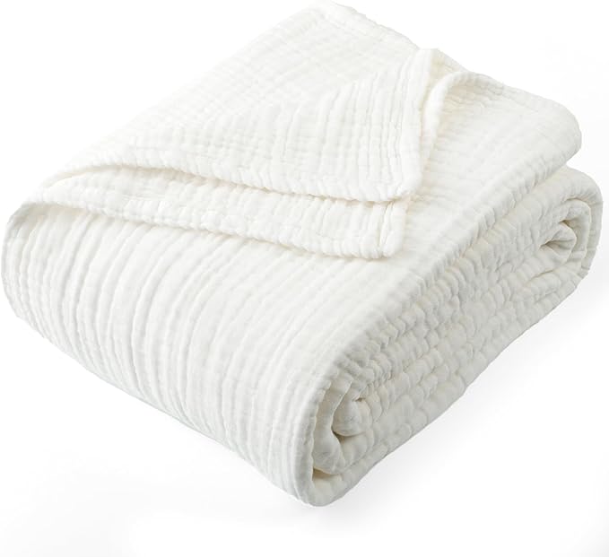 Carriediosa 100% Cotton Muslin Throw Blanket 66" X 90" Twin XL Size，4-Layers Summer Gauze Throws for Bed Couch，Soft Lightweight Breathable Linen Blankets Bedspread for Adults All Season，White