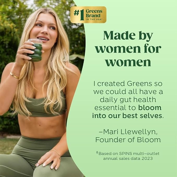 Bloom Nutrition Superfood Greens Powder Stick Packs, Digestive Enzymes with Probiotics and Prebiotics, Gut Health, Bloating Relief for Women, Chlorella, Green Juice Mix, 15 SVG, Mango