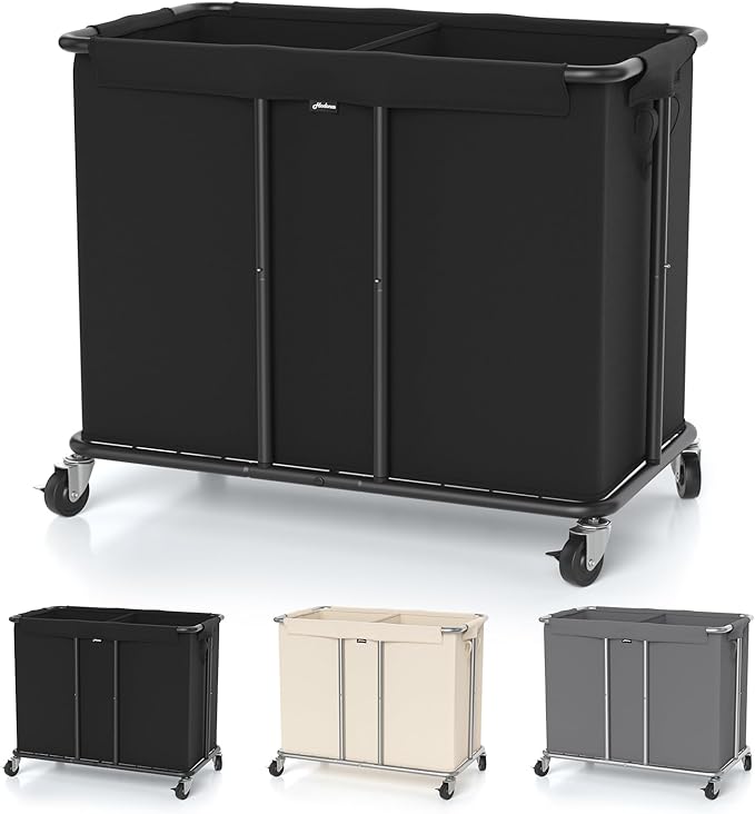 Laundry Hamper with Wheels, 2-Section 230L (61Gal) Large Capacity, Heavy-Duty Rolling Clothes Basket with Silent Rubber Casters & Detachable Oxford Bags for Home, Black, 31.5"Lx15.75W"x30.7"H
