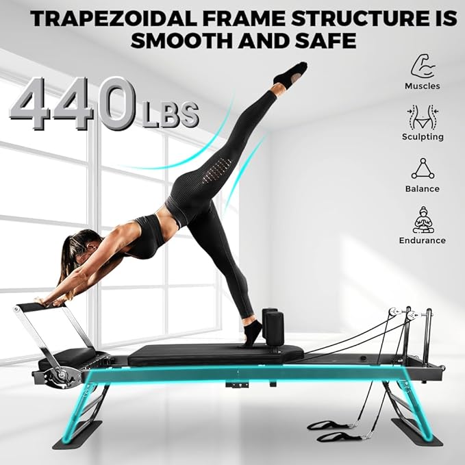ONETWOFIT Pilates Reformer, Foldable Pilates Machine & Equipment for Home Gym Workout Suitable for Advanced and Beginners Max 440LBS Gray