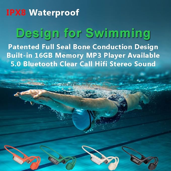 IHAO Swimming Headphones True Bone Conduction Open Ear Headset MP3 Player Built-in 32G Memory IP68 Underwater Waterproof Stereo Bluetooth Earphone for Driving Bicycling Running Skiing-S10 Green