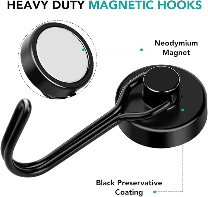 DIYMAG Black Magnetic Hooks, 80LBS Strong Magnetic Hooks Heavy Duty, Strong Magnet Hooks with Metal Hanger for Hanging Refrigerator Home Kitchen Office, 16Pack