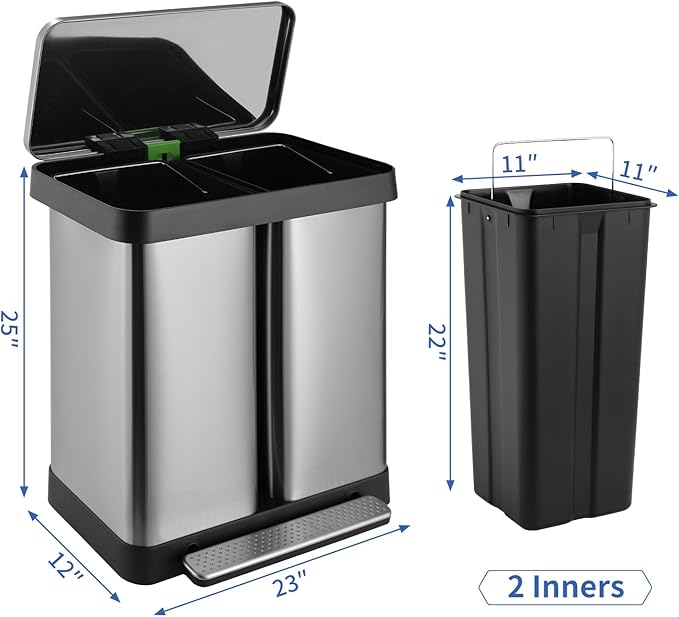 16 Gallon Dual Compartment Trash Can, Hands-Free Recycling Rectangular Garbage Bin, Stainless Steel Step-On Dustbin with Soft-Close Lid, Removable Inner Buckets, for Kitchen Home