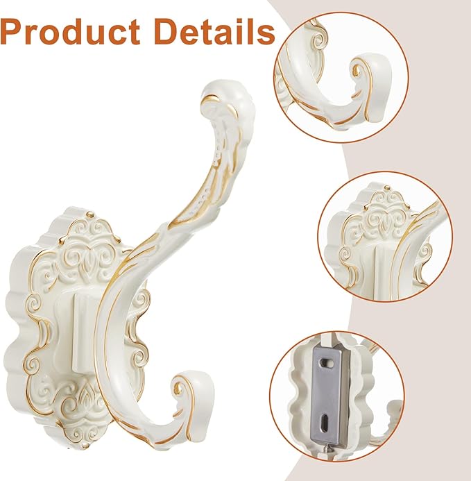 Zonon 2 Pcs White Wall Hooks Set Vintage Coat & Towel Hooks