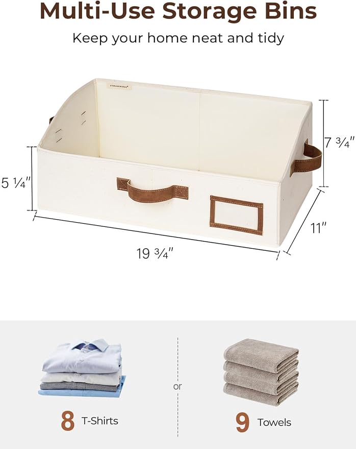 StorageWorks Closet Storage Bins, Trapezoid Organizer Box for Shelves, Fabric Clothes Bin, Foldable Organizing Baskets with Handles, Large, Ivory White, 3-Pack