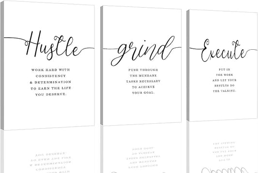 EPHANY Inspirational Wall Art - Large Office Wall Decor Painting, Hustle Grind Execute Quotes, office wall art,working room wall decor, gift for boss (H-3pcs,24x36inchx3pcs)