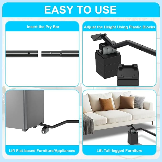 Furniture Lifter Tool: Furniture Lifters for Heavy Furniture Appliance Lifter with 4.4" Adjustable Height Lift Up to 500LB Heavy Items Safely and Easily Lifting Furniture and Appliances
