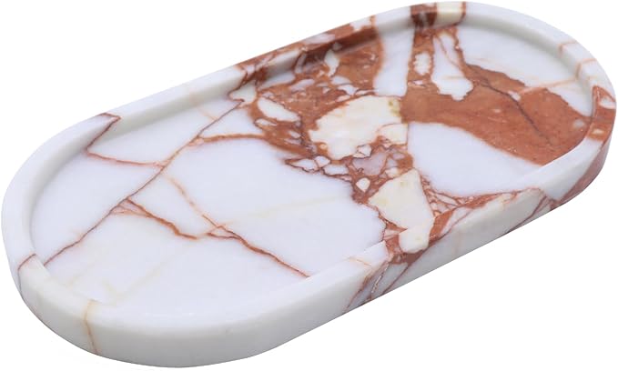 Natural Marble Tray, Oval Vanity Decorative Tray for Bathroom Counter, Countertop Stone Organizer, Catchall Tray for Kitchen, Perfume, Candles, Jewelry Dish Decorative Tray