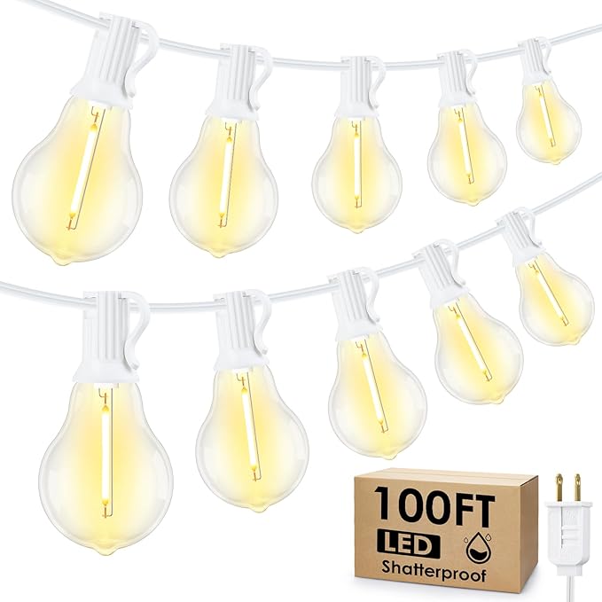 100FT Outdoor String Lights, LED Patio Lights with 42 Waterproof Shatterproof Dimmable A39 Hanging Bulbs(2 Spare) for Garden Wedding-White