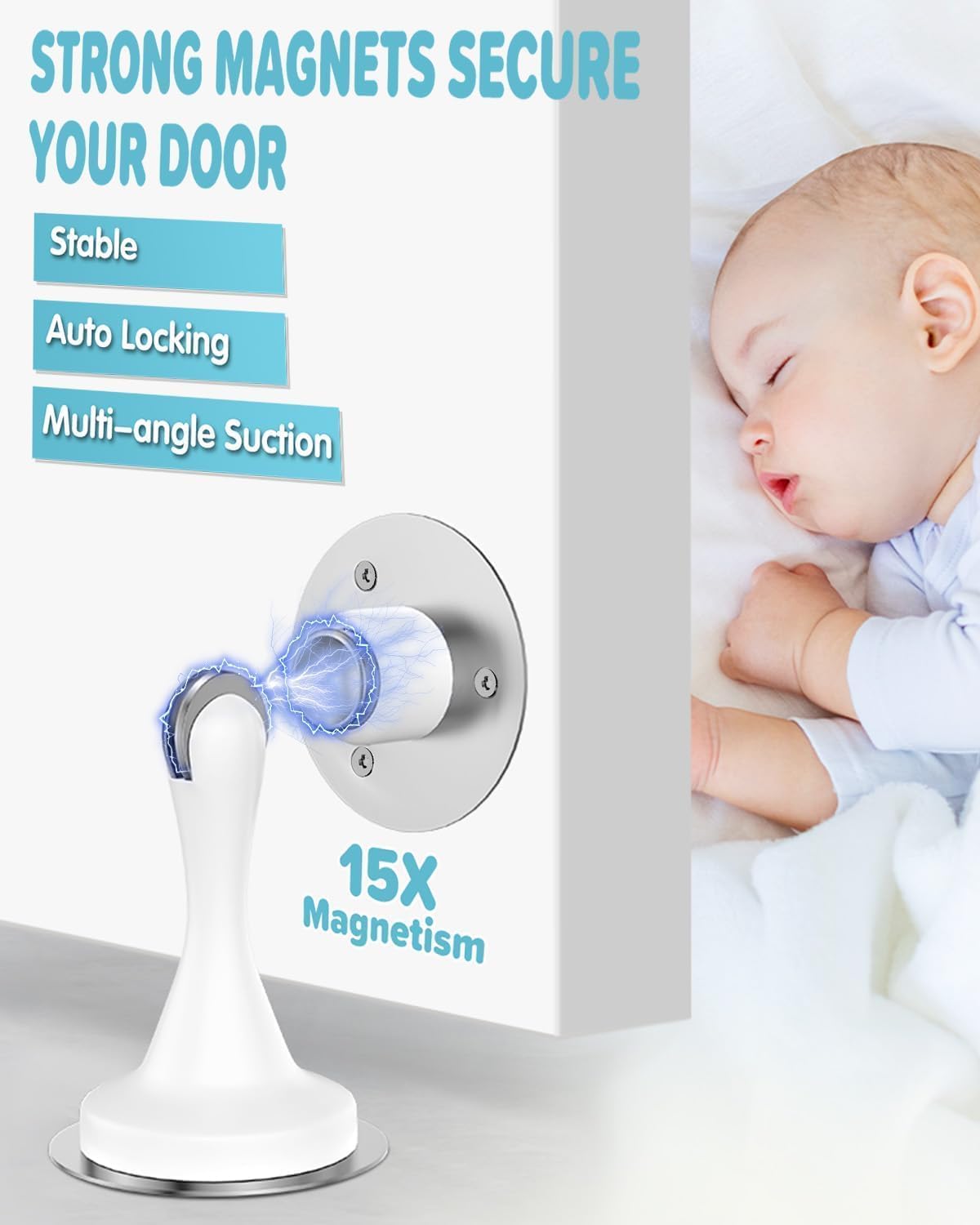 Door Stoppers Magnetic Door Catch - 6 Pack Stainless Steel Heavy Duty Door Stops for Bottom of Door, Wall & Floor Mounting No-Drill Strong Adhesive & Screws, Strong Door Holder to Keep Door Open,White