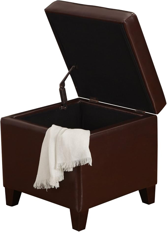 Adeco Bonded Leather Square Tufted Footstool, 18", Brown Storage Ottomans,