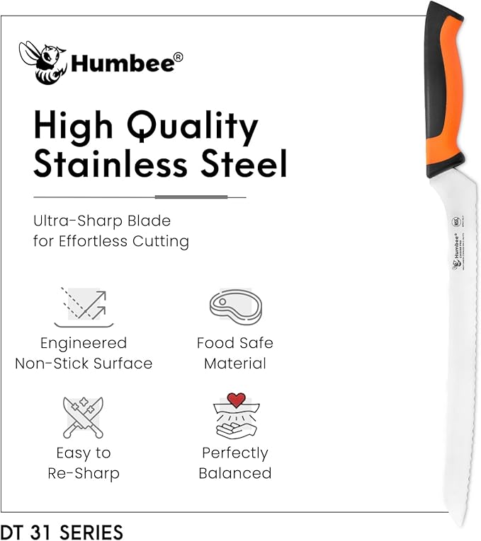 12-Inch Offset Serrated Bread Knife, Premium High Carbon Stainless Steel Blade Knife for Bread with Ergonomic Handle, NSF Certified, DT-31 Series, Orange