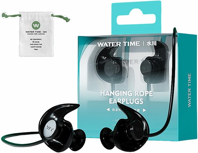 WATERTIME Waterproof Swimming Neckband Ear Plugs for Adults - Reusable Silicone Ear Plugs for Women & Men, Keep Ear Water Out for Swimming, Showering, Water Sports (Black, One Size)