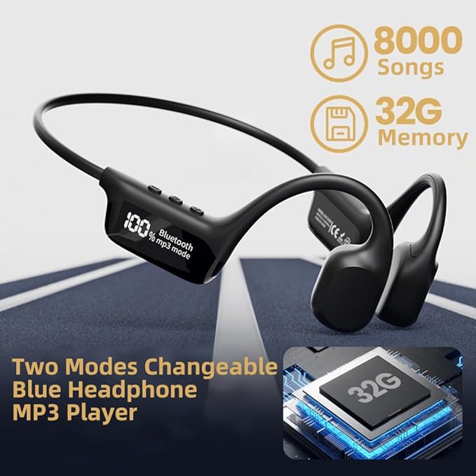 IHAO Swimming Headphones True Bone Conduction Open Ear Headset MP3 Player Built-in 32G Memory IP68 Underwater Waterproof Stereo Bluetooth Earphone for Driving Bicycling Running Skiing-X10 Black