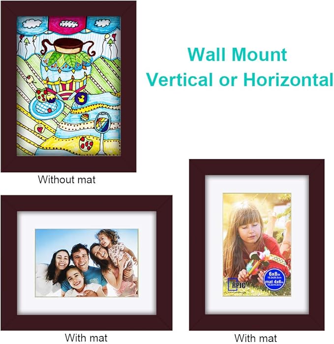 RPJC 6x8 inch Picture Frame Made of Solid Wood and High Definition Glass Display Picture 4x6 with Mat or 6x8 Without Mat for Wall Mounting Photo Frames Dark Brown
