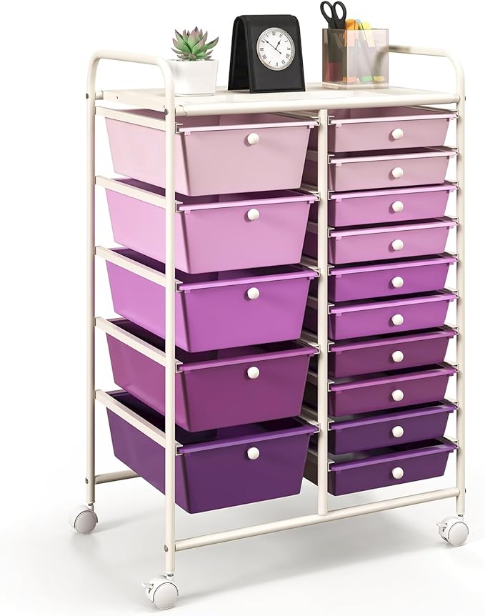 GOFLAME 15-Drawer Rolling Storage Cart, Multipurpose Movable Organizer Cart, Utility Cart for Home, Office, School, Purple Gradient