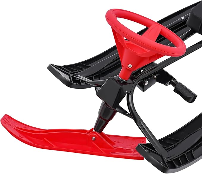 Sleds for Snow, Portable Snow Racer Winter Ski Sled Snow Sled W/Steering Wheel, Outdoor Ski Sled Slider Board for 3-15 Years Kids, Toboggan Pulling Boat Seat Sled for Ice Skating