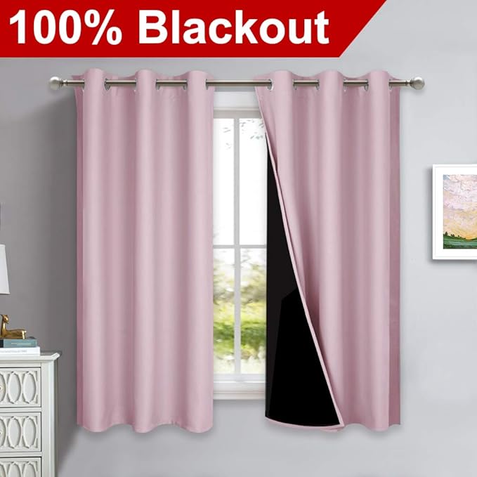 NICETOWN 100% Blackout Curtains 45 inches Long, 1 Pair, Baby Pink, 42 inches