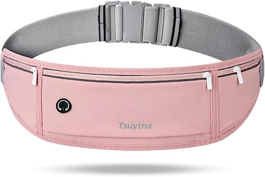 Running Belt for Women & Men - Slim Phone running belt with Water-Resistant Phone Holder, 3 pockets Adjustable Waist Strap, Reflective Safety Design for Running, Hiking, Travel，Fitness (Pink)