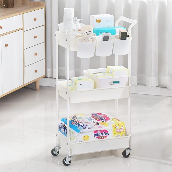 3-Tier Utility Rolling Cart,Mobile Utility Cart with Lockable Caster Wheels,Storage Shelves Organizer Cart, 3 Hanging Baskets, Easy Assembly,for Bathroom, Kitchen, Office, Workshop