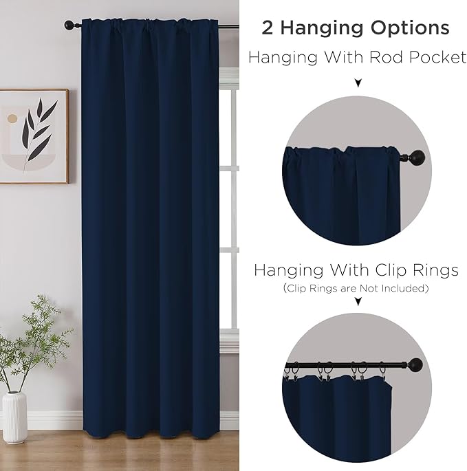 CUCRAF Navy Blue Blackout Curtains 63 inch Length 2 Panels Set, Rod Pocket Room