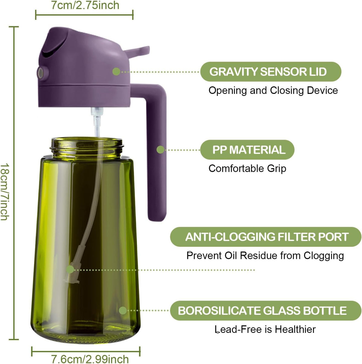 YARRAMATE 16oz/470ml Dark Green Oil Sprayer for Cooking with Stickers, Food-grade Premium 2 in 1 Olive Oil Dispenser Bottle for Kitchen Gadgets, Air Fryer, Salad, Frying, BBQ (Purple)