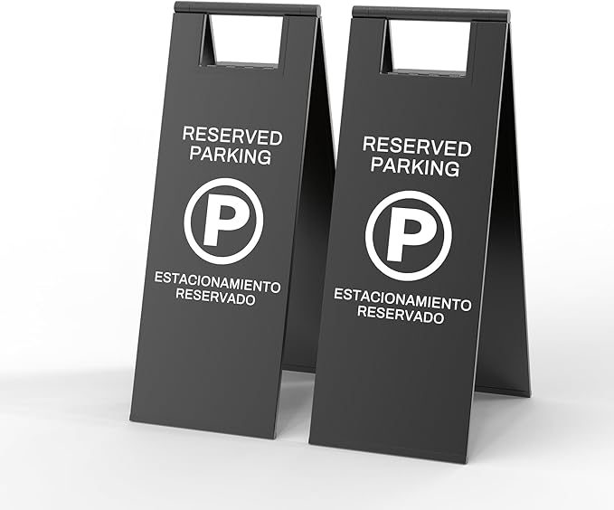 Reserved Parking Sign – Foldable Heavy Duty Plastic A-Frame with Bold “P” Symbol, Bilingual English & Spanish – 24" Tall Reserved Spot Marker for Storefront, Driveway, Garage – Black
