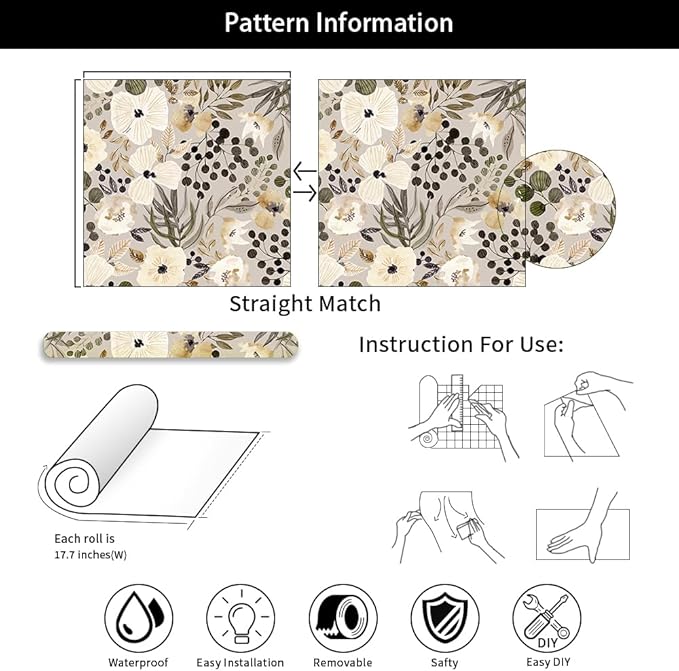 18"x236" Boho Cream/Brown Daisy Flower Peel and Stick Self Adhesive Wallpaper