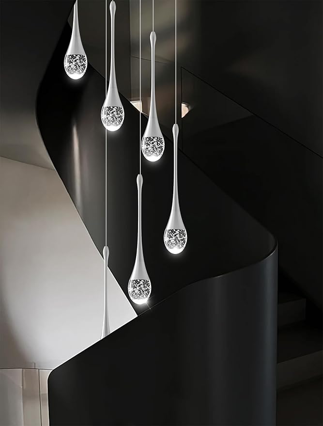 H86 Pendant Lights Kitchen Island 6-Lights Pendant Chandelier for Dining Room Hallway Stairwell,Silver Chandelier Suit for Sloping Ceiling LED Dimmable 2700K-6000K