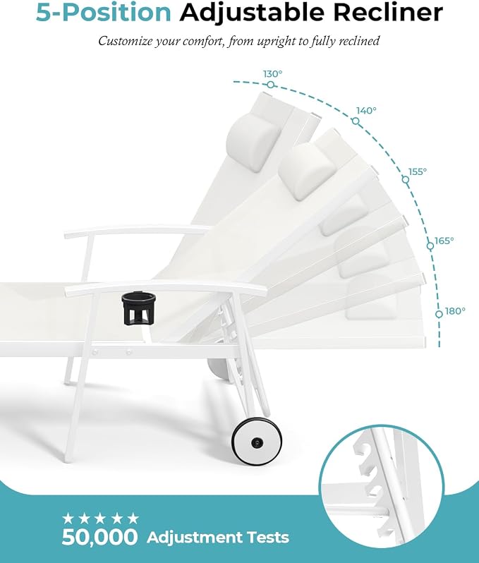 Ciokea Outdoor Lounge Chair with Pillow Set of 2, 5-Position Aluminum Chaise Lounge with Wheels & Armrests, 400 lbs Heavy Duty Patio Pool Chair for Backyard, Deck, Beach & Poolside, White