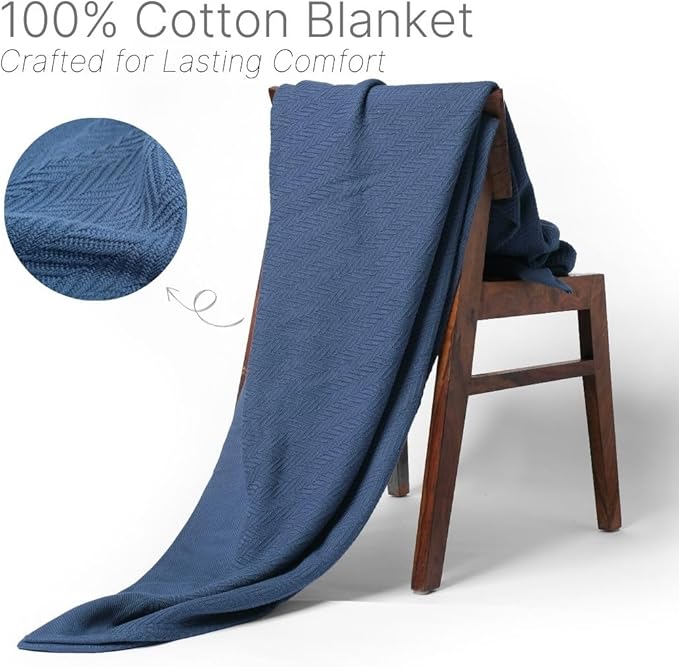 100% Cotton Herringbone Weave Blankets, 108"X90" King, Throw Blanket for Bed,All Season Cotton Blanket, Cozy Blanket,Throws Bed Blanket, Throw Blanket for Couch,Modern Home Decor -Navy Blue