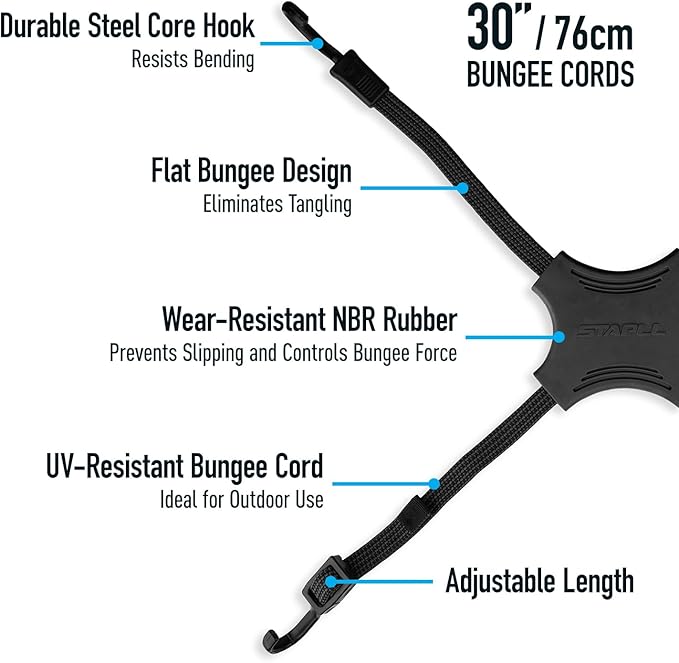 Tack Strap – 4-Way Flat Bungee Cord with Rubber Pad Grip, Non-Slip Tie Down Straps for Motorcycle, ATV, Kayak, Cycling, Camping, Truck Storage, Adjustable Bungee Cords - 2 Pack (Black)