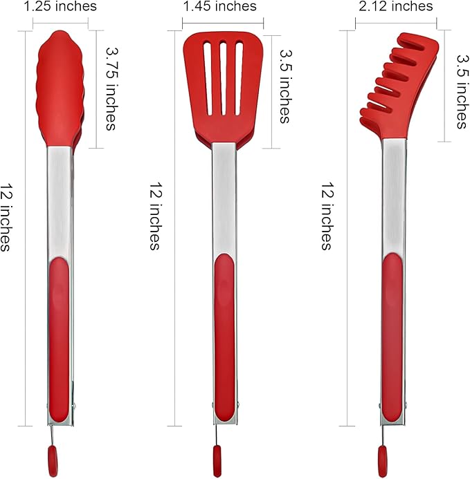 HST Tongs for Cooking with Silicone Tips(3 Pack), Non Stick Kitchen Tongs with Silicone Tip for Cooking BBQ Baking (12", Red)