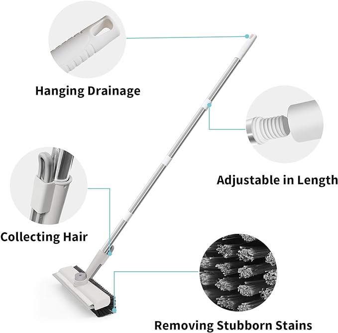 Floor Scrub Brush with Long Handle, 3 in 1 Scrape and Heavy-Duty Stiff Bristle Scrubber Brush for Cleaning Shower Bathroom, Patio, Garage, Kitchen, Wall and Deck (White, 1 Pack)