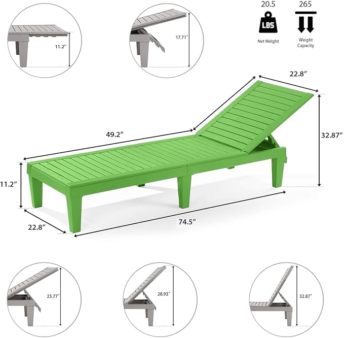 Nestl Sun Tanning Chair - Lime Green Chaise Lounge Chair Outdoor, Lightweight Pool Lounge Chairs, Adjustable 5-Position Reclining Lawn Chair, Waterproof Beach Outdoor Lounge Chairs
