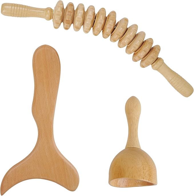 Liitrton Wood Therapy Fasci Massage Tools Curved Wooden Massage Roller Cellulite Reduction and Muscle Tension (Wood 3-in-1)
