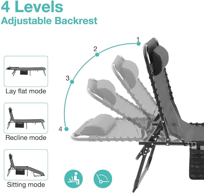 Tanning Chairs for Outside, Chaise Outdoor Lounge Chair, Folding Pool Chairs & Patio Lounger for Beach Camping Hiking Backyard Sunbathing Poolside, Portable (Black Set of 2)