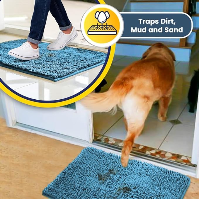Muddy Mat® | Super Water Absorbent Door Mat Indoor, Microfiber Quick Dry Chenille Entryway Rug, Slip Resistant Front Door Mat, Indoor Mats for Entryway, Machine Washable Pet Rug, Sky Blue 35"x60"