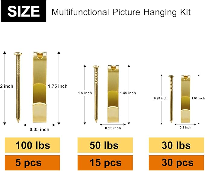 50pcs Picture Hangers with Different Sizes, Heavy Duty 30-100lbs Picture