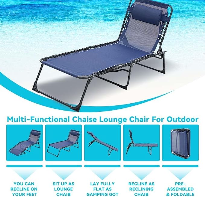 Tanning Chairs for Outside, Chaise Outdoor Lounge Chair, Folding Pool Chairs & Patio Lounger for Beach Camping Hiking Backyard Sunbathing Poolside, Portable (Blue Set of 2)