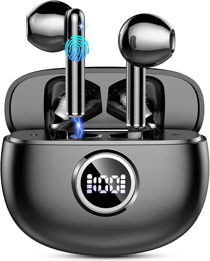 Wireless Earbuds, 2025 Bluetooth 5.3 Headphones HiFi Stereo Ear buds with ENC Noise Cancelling Mics, 40H Bluetooth Earbuds with Dual LED Display, IP7 Waterproof in Ear Earphones for Android iOS, Black